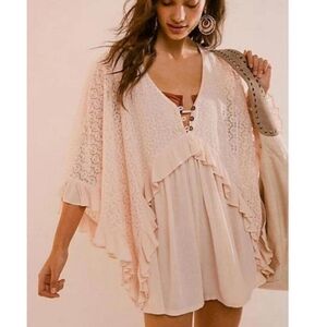 NWOT Free People As You Are Romper Gauzey V Neck Button Crochet Lace Ruffle S